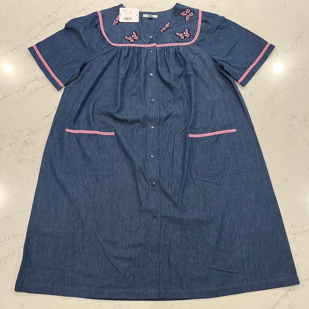 Go Softly NEW Cotton Chambray Patio House Dress 1X Muumuu Embroidered Butterfly